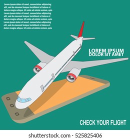 Flat isometric plane, boarding pass, on smart phone vector illustration. 3d on line mobile ticket booking app concept. Aircraft, passport, tickets and flight.