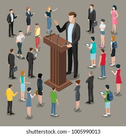 Flat isometric politician or business microphone speech vector illustration. 3d isometry businessman speaker on presentation podium. Crowd group of male and female casual people around listen