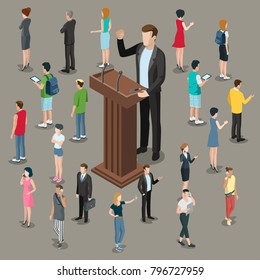 Flat isometric politician or business microphone speech vector illustration. 3d isometry businessman speaker on presentation podium. Crowd group of male and female casual people around listen