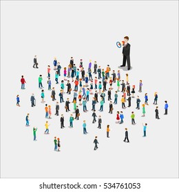 Flat Isometric Promoter With Loudspeaker Talking To Micro People Vector Illustration. 3d Isometry Promotion Business Concept.