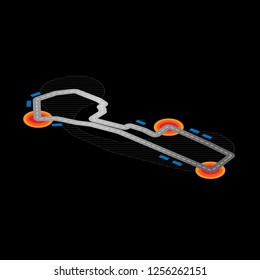 Flat isometric race circuit with different elements