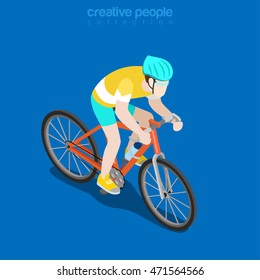 Flat isometric Racing Cyclist vector illustration. Sportsman 3d isometry image. Summer international competition concept.