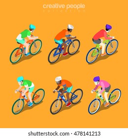 Flat Isometric Racing Cyclist Vector Illustration. Group Bicycle Athletes 3d Isometry Image. Summer International Competition Concept.