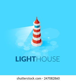 Flat Isometric Red Lighthouse Icon On Blue Sea, Illustration Vector Background