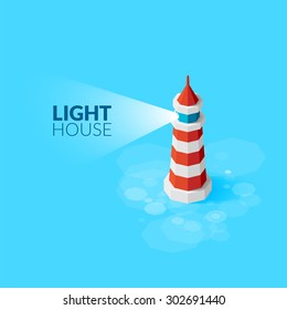 Flat isometric red lighthouse icon on blue sea, illustration vector background