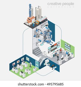 Flat isometric refinery station interior vector illustration. 3d isometry Oil refining industry concept. Processing, Quality and Testing laboratory, Storage and Transportation departments.