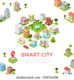 Flat isometric residential quarter, Smart city app infographics template vector illustration. 3d isometry Mobile application concept.