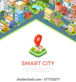 Flat isometric residential quarter, Smart city app infographics template vector illustration. 3d isometry Mobile application concept.