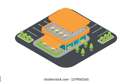 Flat isometric restaurant building with tables and chairs isolated on white background