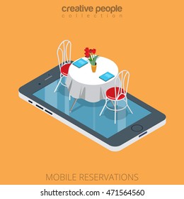 Flat Isometric Restaurant Table On Smartphone Vector Illustration. 3d Isometry Online Mobile Reservation App Concept.