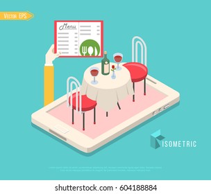 Flat Isometric Restaurant Table On Smartphone Vector Illustration. 3d Isometry Online Mobile Reservation App Concept.