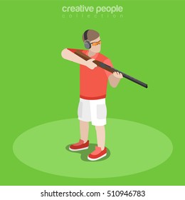 Flat isometric rifle shooter with weapon taking aim vector illustration. Individual sports 3d isometry concept.