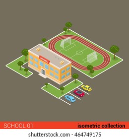 Flat isometric school building, stadium, parking vector illustration. Municipal educational facilities. Modern city architecture infographic 3d isometry concept. 
