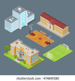 Flat Isometric Set Of School Buildings, Basketball Field And Soccer Stadium Vector Illustration. Municipal Educational Facilities. Modern City Architecture Infographic 3d Isometry Concept.