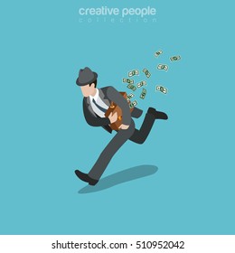 Flat isometric sharper businessman running away with briefcase full of money banknotes vector illustration. 3d isometry Business stealing concept.