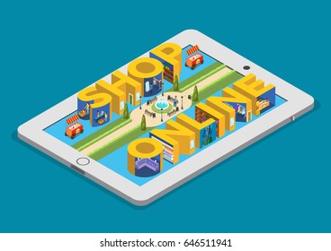 Flat isometric Shop Online letters on tablet screen, Shopping mall interior with lounge vector illustration. 3d isometry E-commerce technology concept.