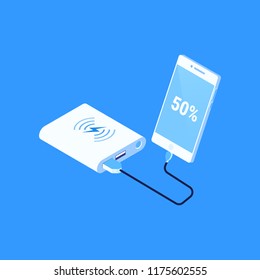 Flat isometric Smartphone USB cable connection with external power bank vector illustration 50 percent