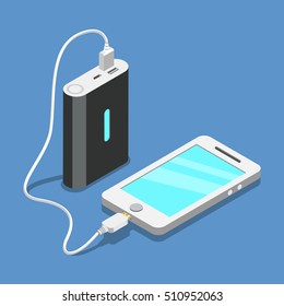 Flat isometric Smartphone USB cable connection with external power bank vector illustration. 3d isometry Database Storage Device concept. 