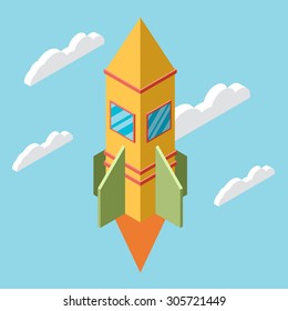Flat isometric space symbol rocket ship icon, startup concept project development, vector illustration
