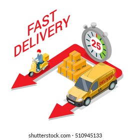 Flat isometric speed competition of courier on scooter and service car on red arrows, huge stopwatch and cargo pyramid vector illustration. 3d isometry fast moving and delivery concept.