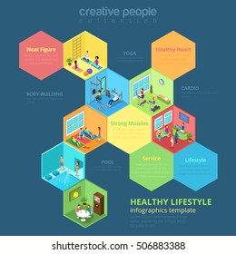 Flat isometric sports center interior vector illustration. Cell Healthcare infographics template. 3d isometry Healthy lifestyle concept. Pool, Yoga, Body-building, Cardio.