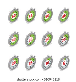 Flat isometric stopwatches website icons with stopped time vector illustration set. 3d isometry On-time concept.