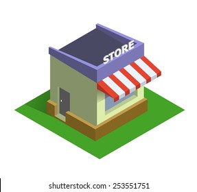 Flat isometric store logo, isolated vector icon, on line shopping and e-commerce concept web market