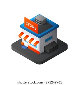 Flat isometric store logo, isolated vector icon, online shopping and e-commerce concept web market