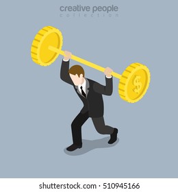 Flat isometric strong weightlifter businessman trying to lift barbell made of huge coins vector illustration. 3d isometry Business load concept.