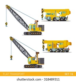 Flat isometric style modern construction site industrial building tracked vehicles transport web app icon set concept. Boom gib arm crane jib gibbet derrick. Build your own world collection.