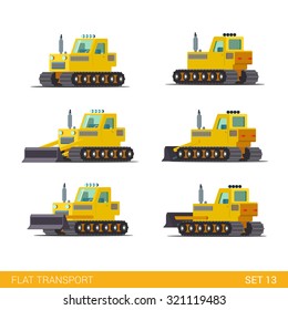 Flat isometric style modern construction site industrial building tracked vehicles transport web app icon set concept. Tractor motor grader. Build your own world collection.