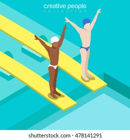 Flat isometric swimmers on trampoline springboards vector illustration. Swimming pool divers 3d isometry image. Summer international competition concept.