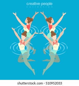 Flat isometric synchronized female swimming vector illustration. Team sports 3d isometry image.