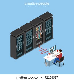 Flat isometric System Administrator, Server Admin, IT guy, Programmer or code developer working on computer, connected to server rack vector illustration. 3d isometry Technology and Telecom concept.