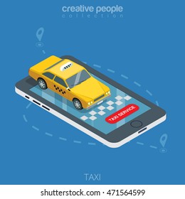 Flat isometric taxi yellow cab on smartphone vector illustration. 3d isometry online mobile taxi order service app concept. Car, GPS route point pins, checkerboard signs, "Taxi service" button.