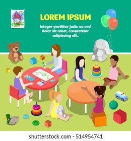 Flat isometric Teacher   children drawing   playing in playschool  day care center interior infographics template vector illustration  3d isometry Early Development School concept 
