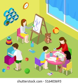 Flat isometric Teacher   children drawing   playing in playschool day care center vector illustration  3d isometry Early Development School concept 