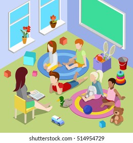 Flat isometric Teacher reading book for children in playschool, day care center interior vector illustration. 3d isometry Early Development School concept.