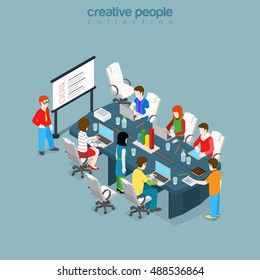 Flat isometric Teacher and students training in meeting or class room vector illustration. Business education or retraining infographics 3d isometry concept.