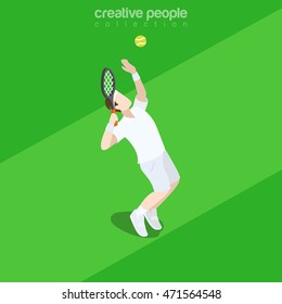 Flat isometric tennis player with racquet serve ball vector illustration. Sports 3d isometry image. Summer international competition concept.
