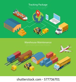 Flat isometric Tracking Package and Warehouse Maintenance vector illustration set. 3d isometry Logistics and Transportation concept. Train carriage, Truck, Plane, Barge with cargo, Globe images.