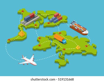 Flat Isometric Train Carriage, Trucks, Plane, Barge With Cargo; Transport Connection And Destination Points On World Map Vector Illustration. 3d Isometry Transportation, Shipping, Delivery Concept.