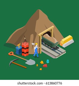 Flat isometric trolly laden with rock formation and precious metal, miner character, explosive, scrap and bar on the ground vector illustration. 3d isometry Gold mining industry concept.