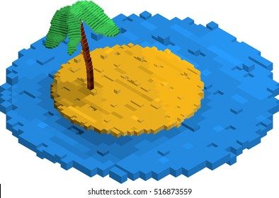 Flat isometric tropical island built of blocks. Blue sea, sand and palm