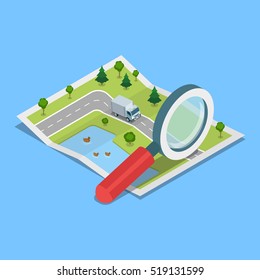 Flat Isometric Van Moving On Paper Map, Huge Magnifier Vector Illustration. 3d Isometry Tracing Load, Transportation And Delivery Concept.