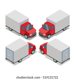 Flat isometric Van with red cabin isolated on white background vector illustration set. 3d isometry Cargo Delivery service and Transportation concept.