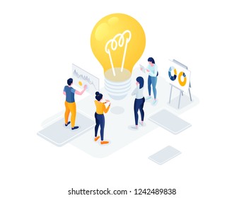 Flat isometric vector business illustration. small people characters develop creative business idea. Isometric big light bulb as metaphor idea. Graphics design for posters, flyers and banners, Landing