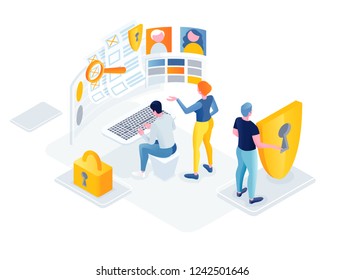 Flat Isometric Vector Business Illustration. People Characters Are Working On The Protection Of Personal Data. Solid Teamwork. Protection Of Personal Personal Internet Information. Graphics Design For
