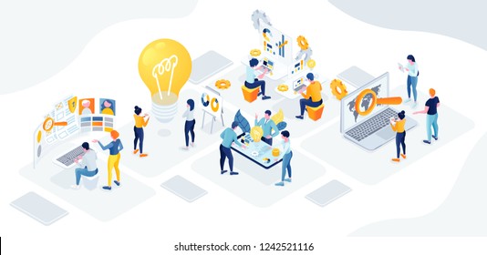 flat isometric vector business illustration. The office of a large company is divided into creative departments, analysts, development, protection, management. vector people cohesive teamwork in the o