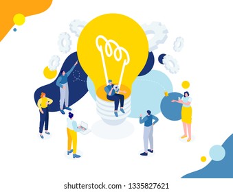 Flat isometric vector business illustration. small people characters develop creative business idea. Isometric big light bulb as metaphor idea. Graphics design for posters, flyers and banners, Landing